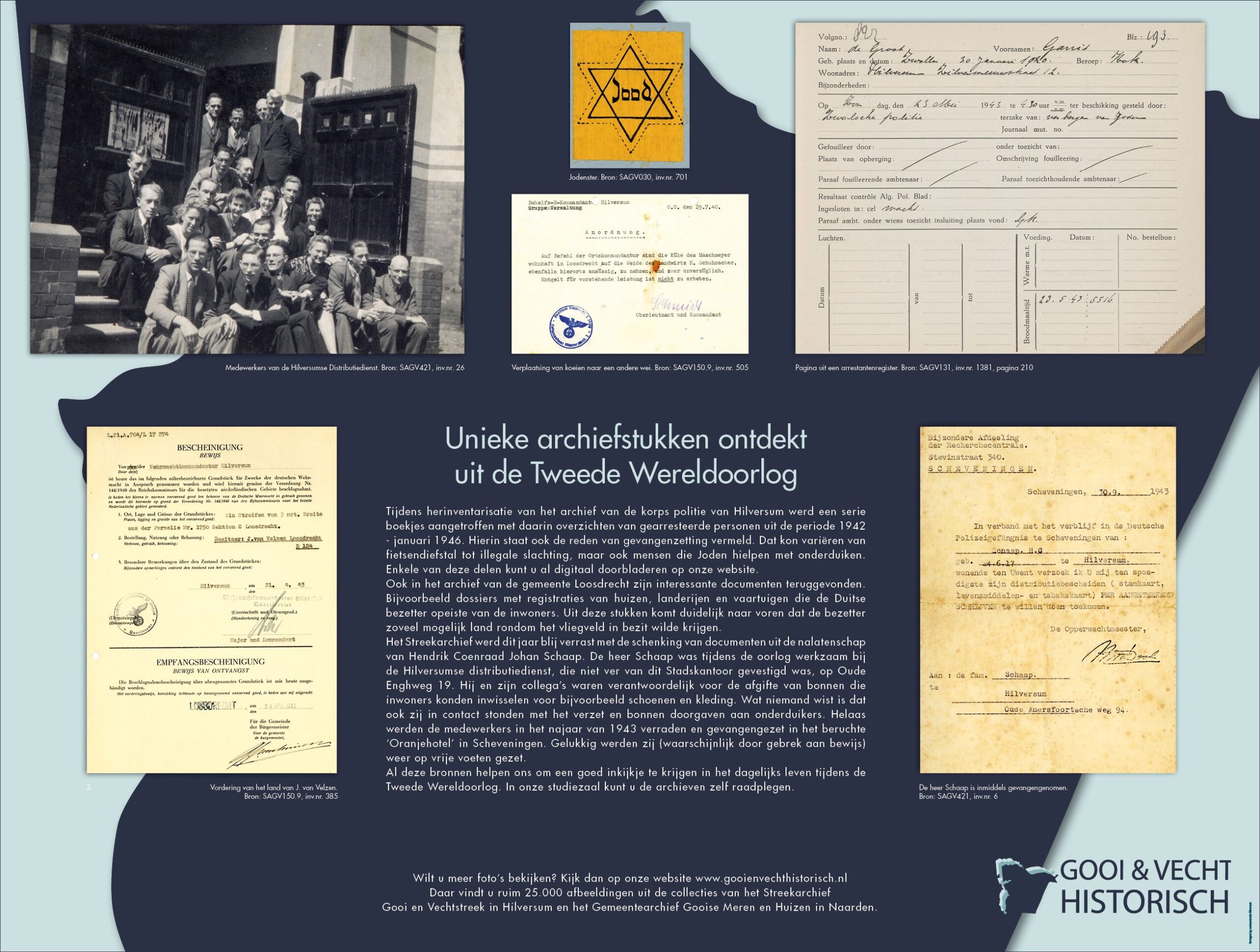 poster met voorbeelden van archiefstukken, waaronder een jodenster en info over de registratie van gearresteerde personen in de Tweede Wereldoorlog