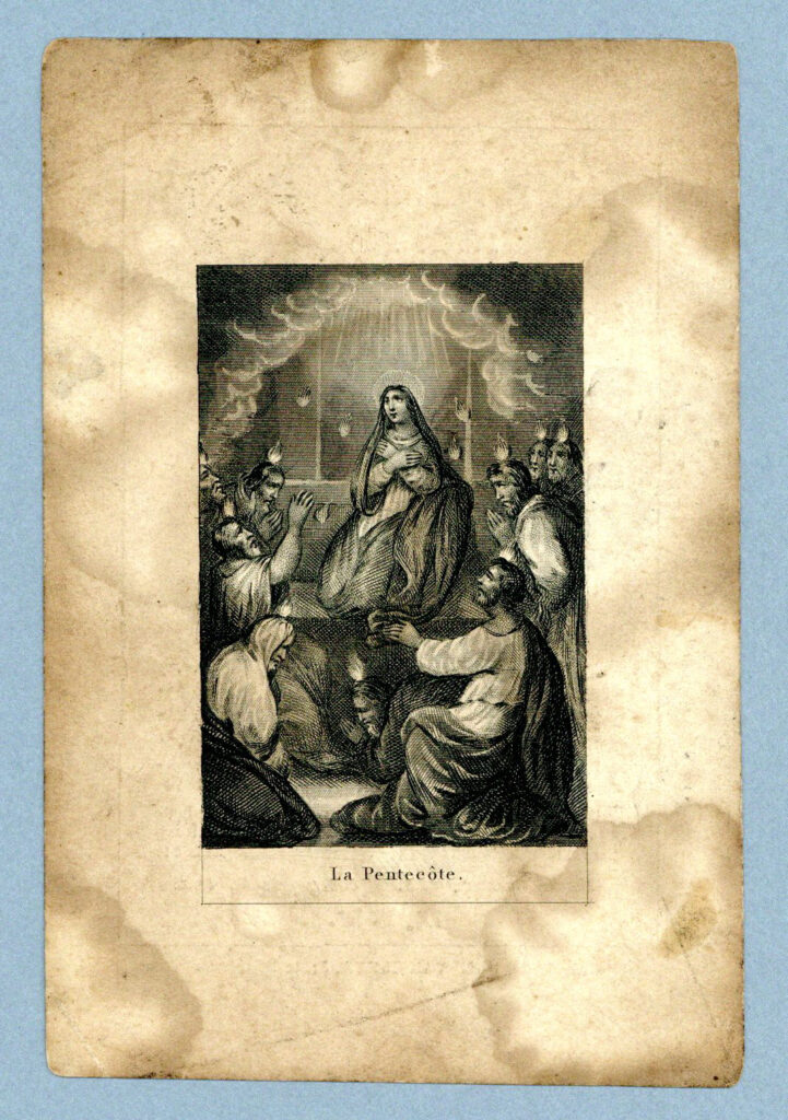Achterkant van het bidprentje van Barend Andriessen, met daarop afbeelding van het Pinksterverhaal, de uitstorting van de Heilige Geest.