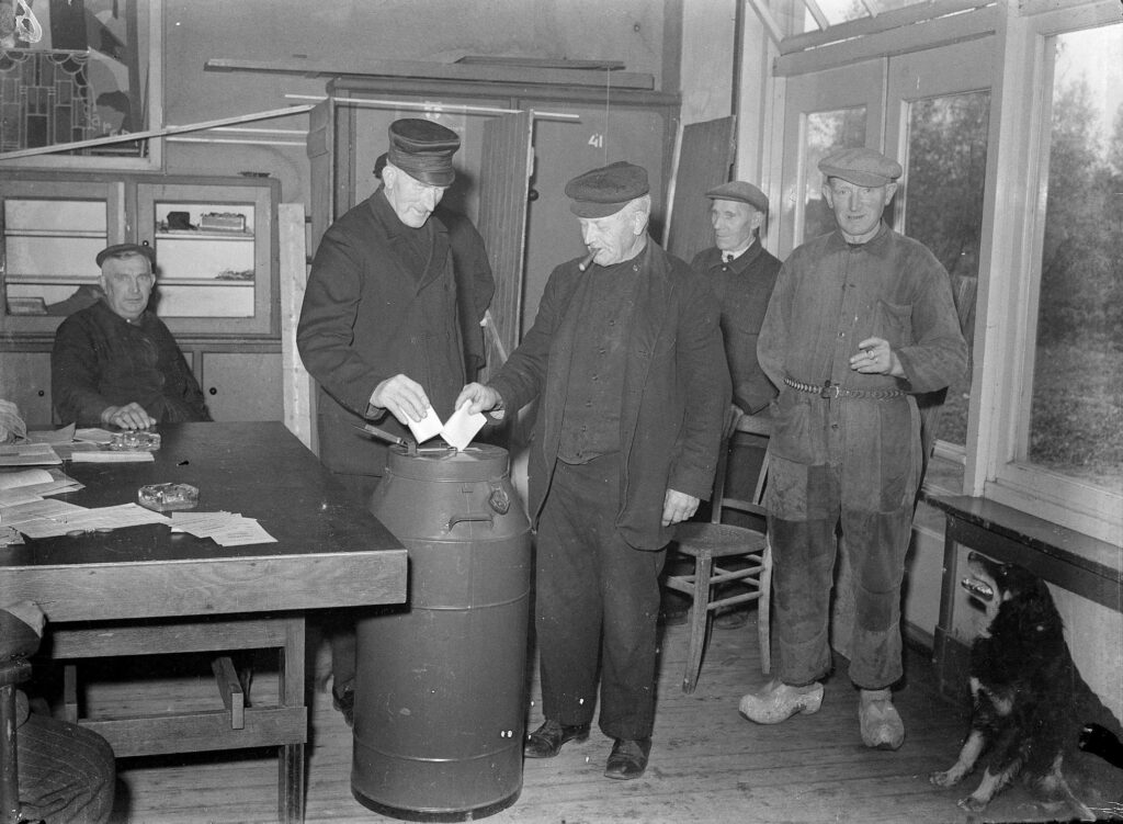 Vijf Erfgooiers aan de stembus. Op 21 oktober 1946 kozen in Laren en Blaricum de scharende Erfgooiers een vertegenwoordiger in het bestuur van Stad en Lande van Gooiland. Twee mannen doen een stembriefje in de stembus. Eén van hen heeft een sigaar en heet Jaap (Jacob) Calis (oudste broer van Fok Calis). In de hoek van de foto zit een hond.