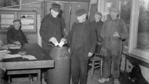Vijf Erfgooiers aan de stembus. Op 21 oktober 1946 kozen in Laren en Blaricum de scharende Erfgooiers een vertegenwoordiger in het bestuur van Stad en Lande van Gooiland. Twee mannen doen een stembriefje in de stembus. Eén van hen heeft een sigaar en heet Jaap (Jacob) Calis (oudste broer van Fok Calis). In de hoek van de foto zit een hond.