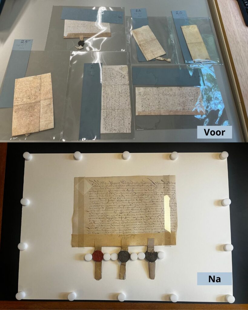 Opgedeelde foto waarin het bovenste deel bestaat uit opgevouwen charters voordat deze gerestaureerd zijn. Onderste deel van de foto bevat een gerestaureerde charter met drie zegels.