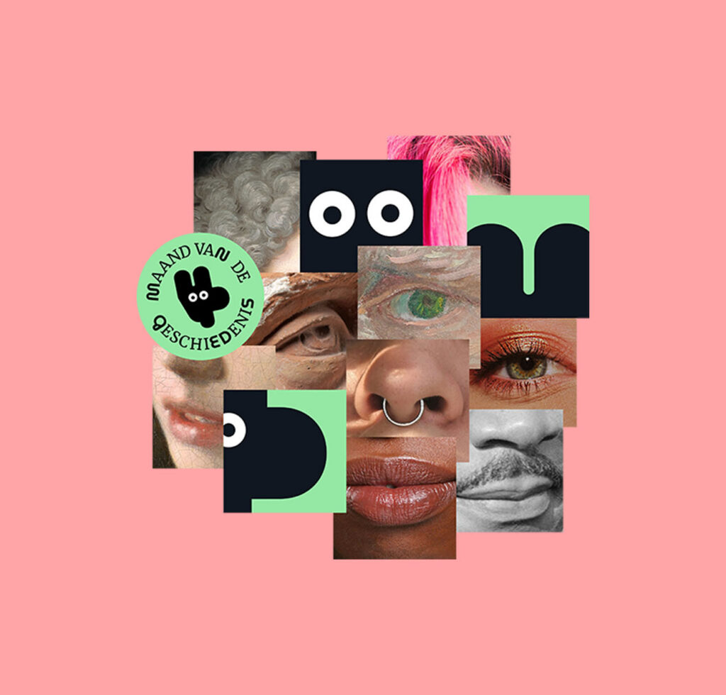 Campagnebeeld voor de maand van de geschiedenis, thema lichaam en geest. Op de afbeelding staan verschillende plaatjes van ogen, neuzen, monden door de tijd heen